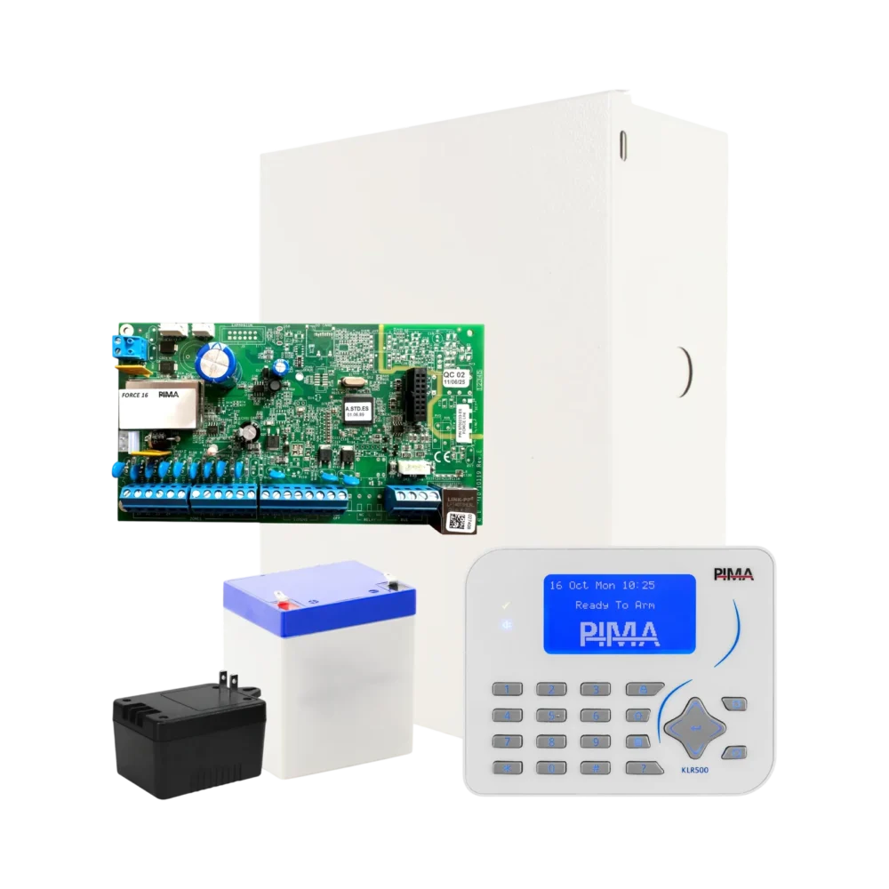 Kit de panel de alarma PIMA Force 16 híbrido con Teclado KLR500, gabinete, transformador y batería