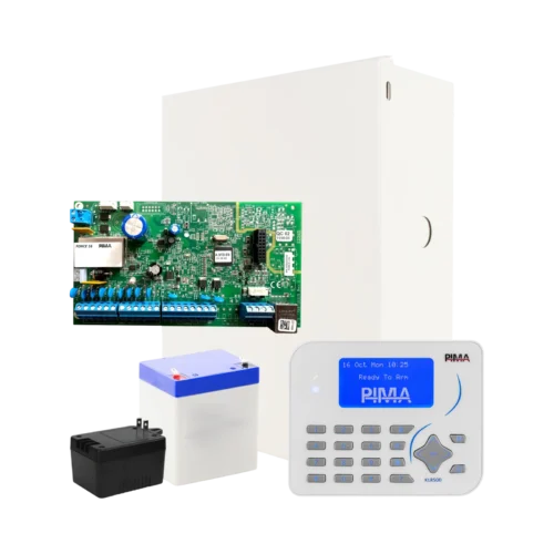 Kit de panel de alarma PIMA Force 16 híbrido con Teclado KLR500, gabinete, transformador y batería