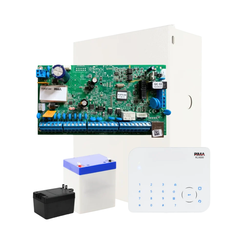 Kit de panel de alarma PIMA Force 32C híbrido con Teclado KLA500, gabinete, transformador y batería