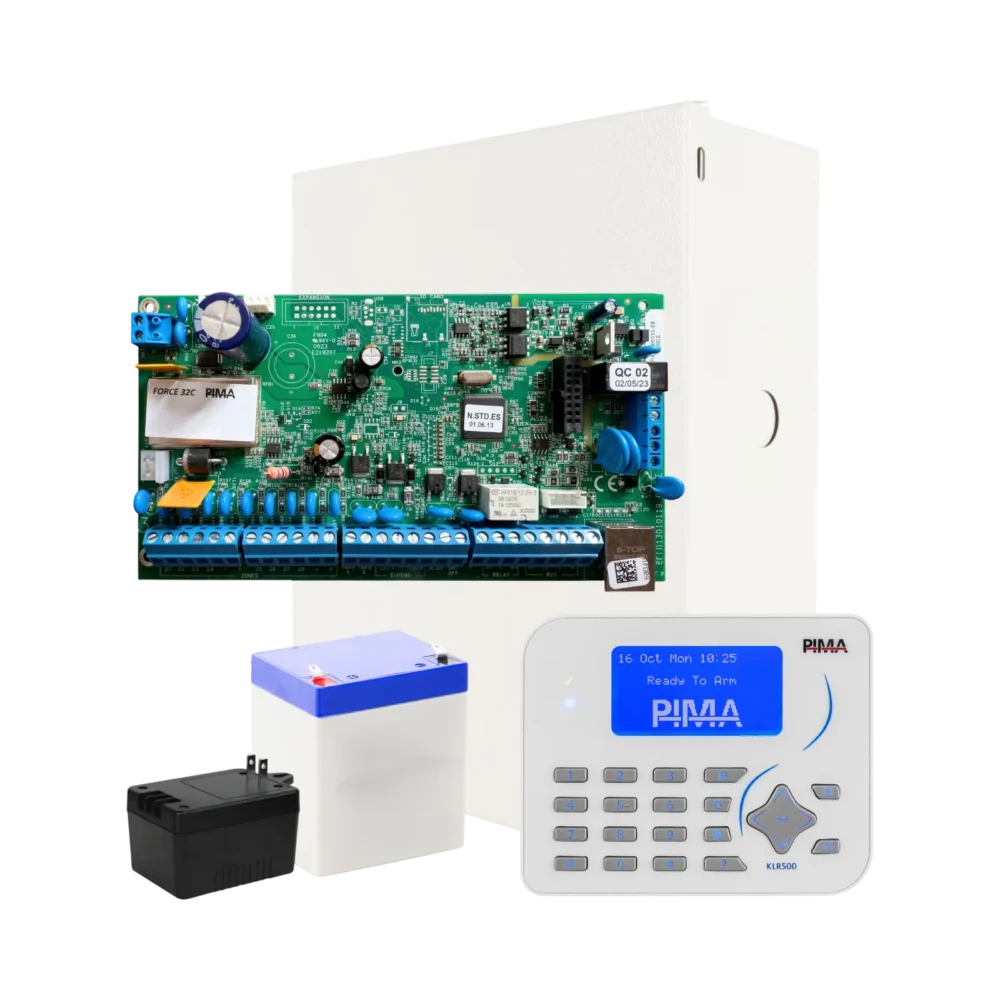 Kit de panel de alarma PIMA Force 32C híbrido con Teclado KLR500, gabinete, transformador y batería
