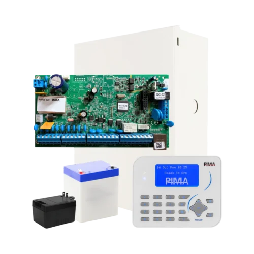Kit de panel de alarma PIMA Force 32C híbrido con Teclado KLR500, gabinete, transformador y batería