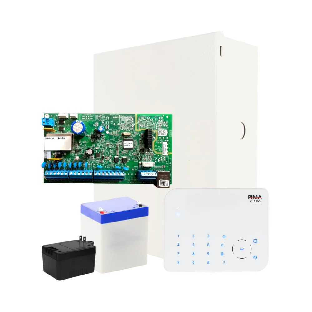 Kit de panel de alarma PIMA Force 16 híbrido con Teclado KLA500, gabinete, transformador y batería