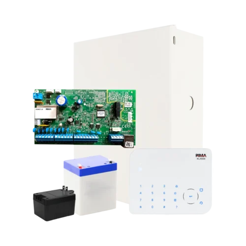 Kit de panel de alarma PIMA Force 16 híbrido con Teclado KLA500, gabinete, transformador y batería